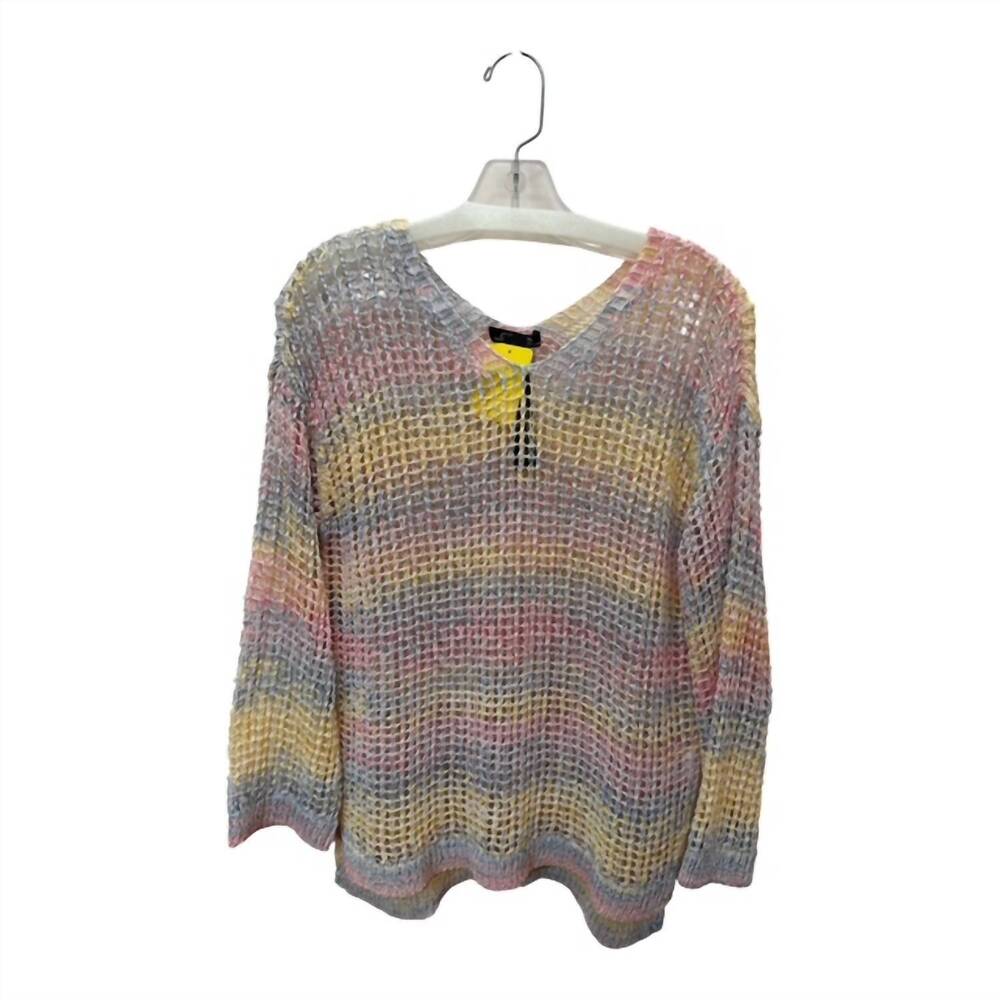 NEW CHARLIE B women's crochet v-neck sweater in yellow/ pink/blue